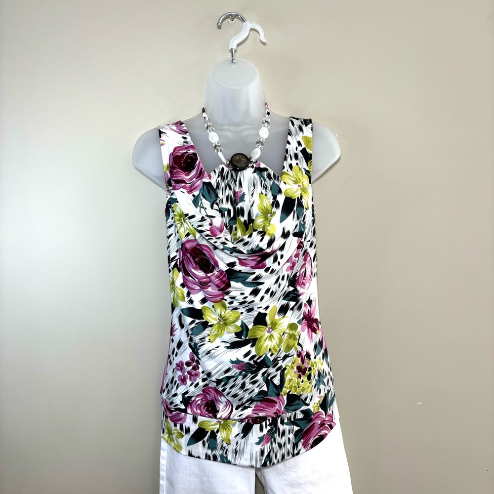 Essentials by Milano Elegant Floral Halter Blouse Beaded Cowl Neck Size S Chic